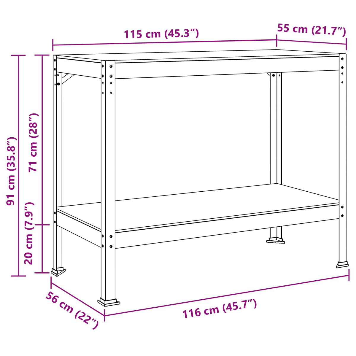 Værksted med hylde Sort 115 x 55 x 91 cm Samlet træ og metal