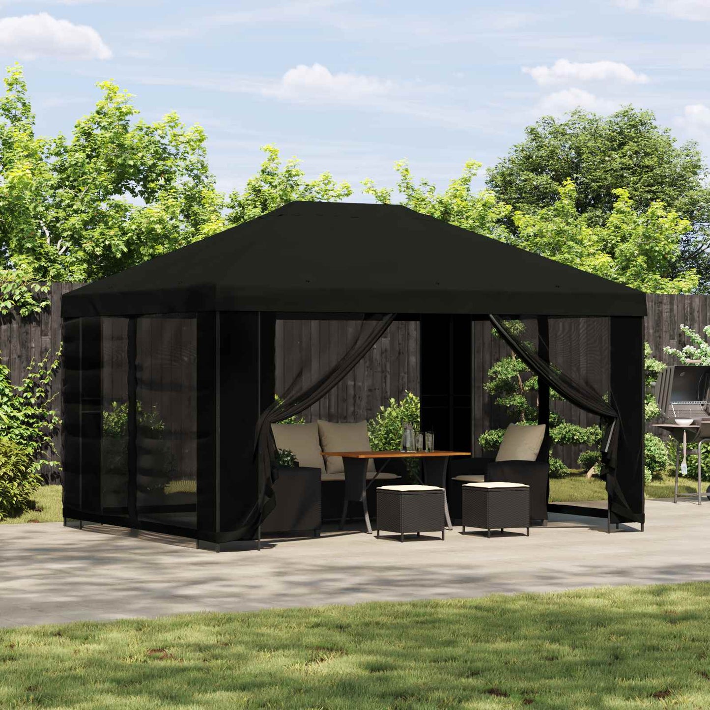 Pavillon med sidetapper 4 × 3 m Sort Polyester og Stål 190 gsm