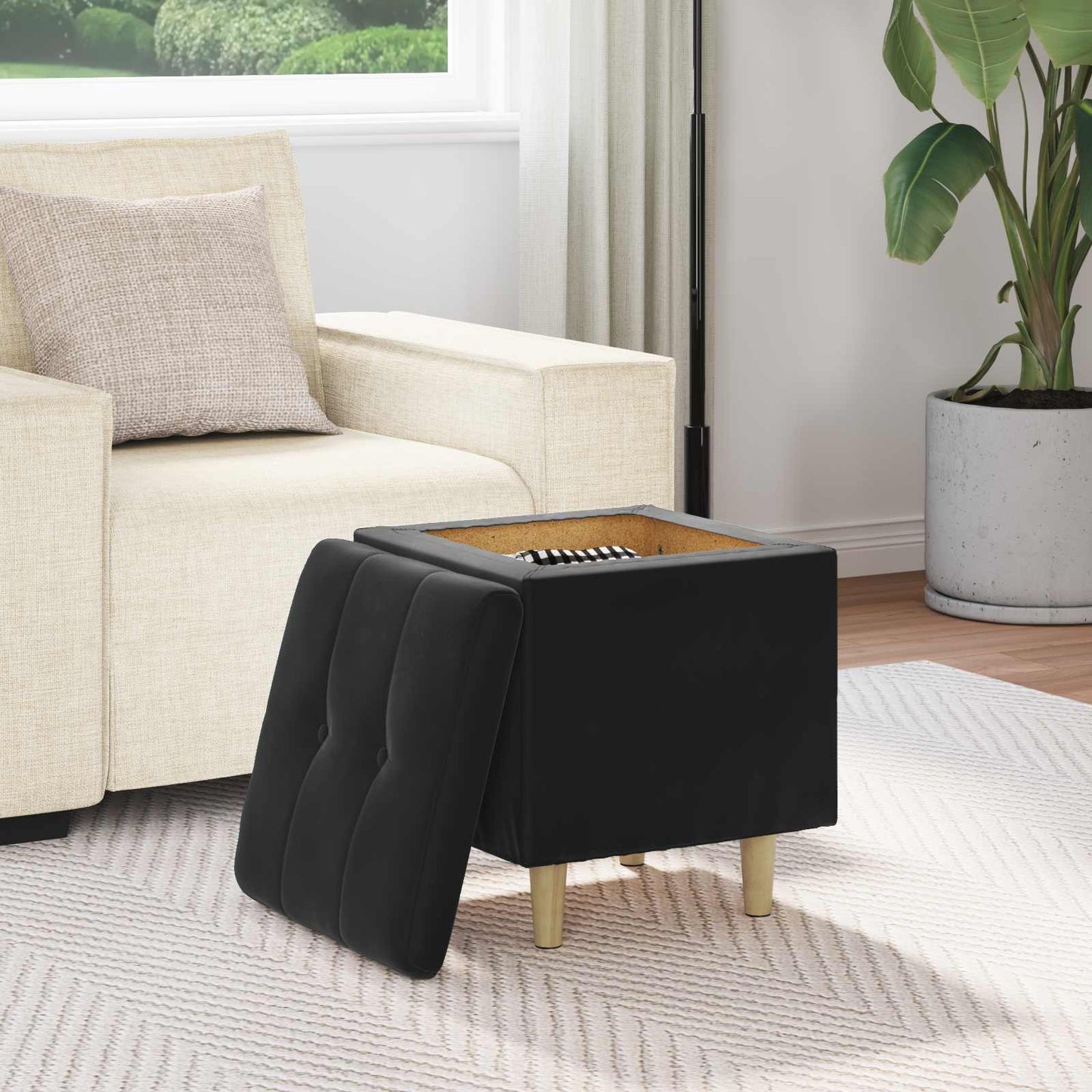 Ottoman med Opbevaring Sort 40 x 40 x 45 cm Fløjl