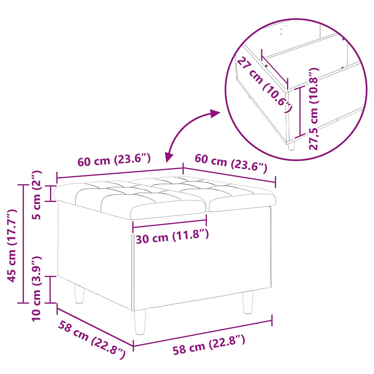 Ottoman med Opbevaring Lysegrå 60 x 60 x 45 cm Stof