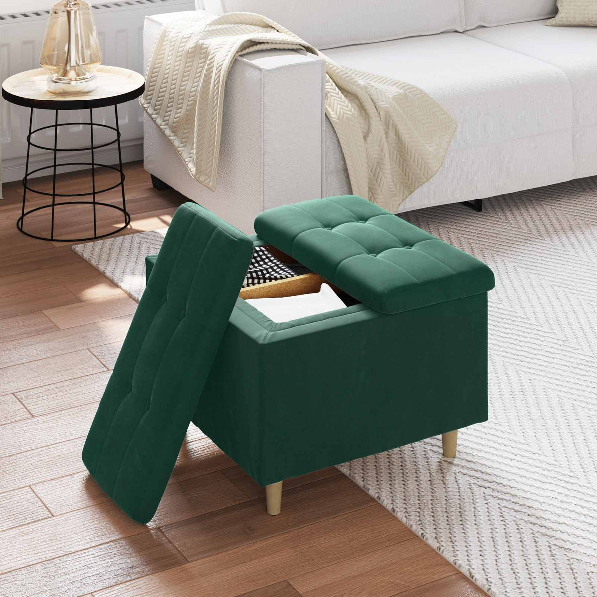 Ottoman med Opbevaring Mørkegrøn 60 x 60 x 45 cm Fløjl
