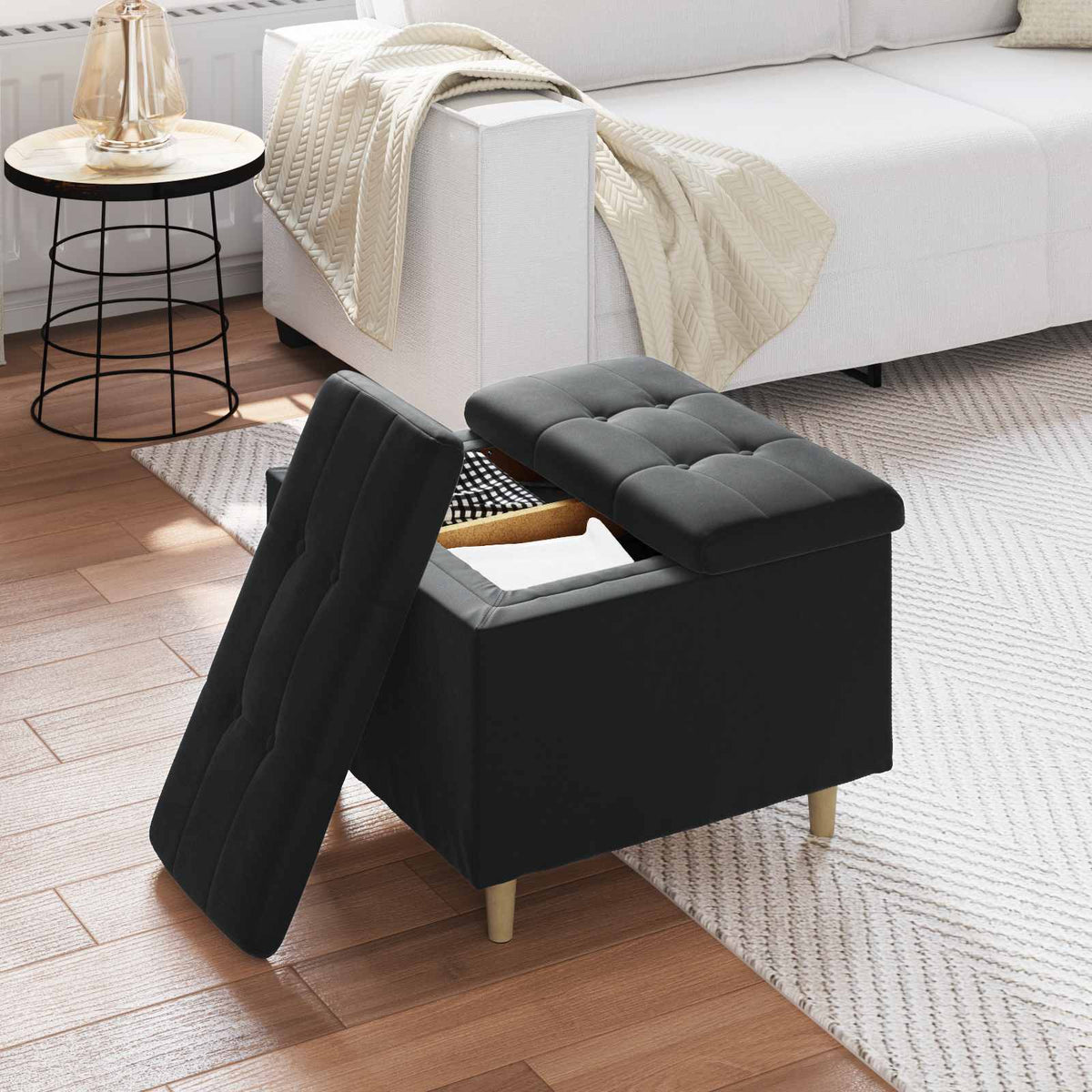 Ottoman med Opbevaring Sort 60 x 60 x 45 cm Fløjl
