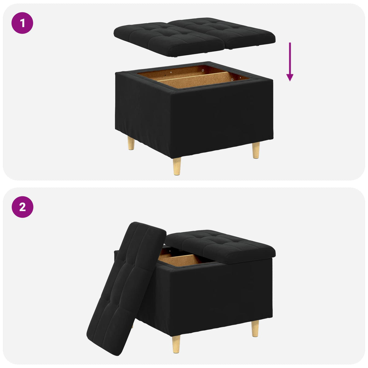 Ottoman med Opbevaring Sort 60 x 60 x 45 cm Fløjl