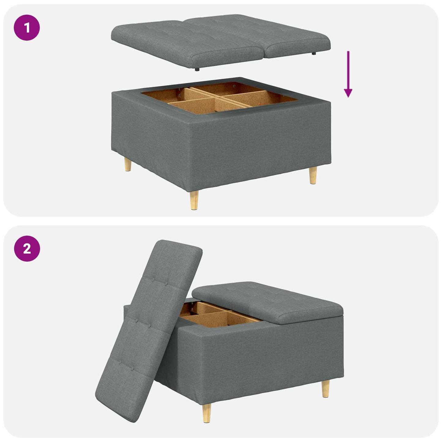 Ottoman med Opbevaring Mørkegrå 80 x 80 x 45 cm Stof