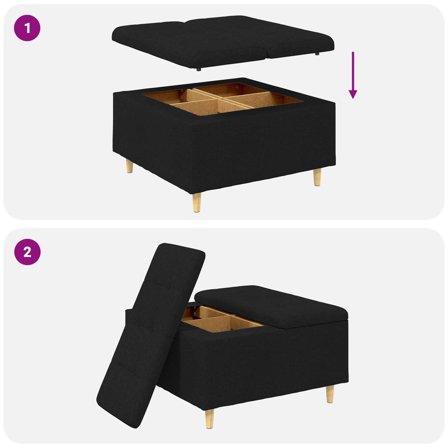 Ottoman med Opbevaring Sort 80 x 80 x 45 cm Stof