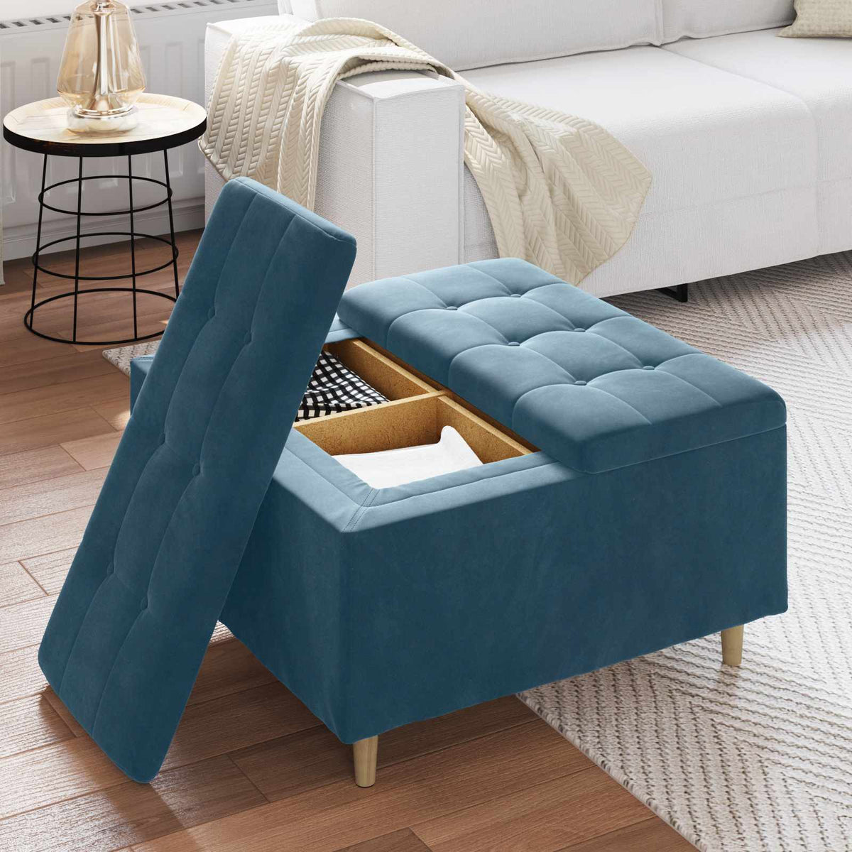 Ottoman med Opbevaring Blå 80 x 80 x 45 cm Fløjl