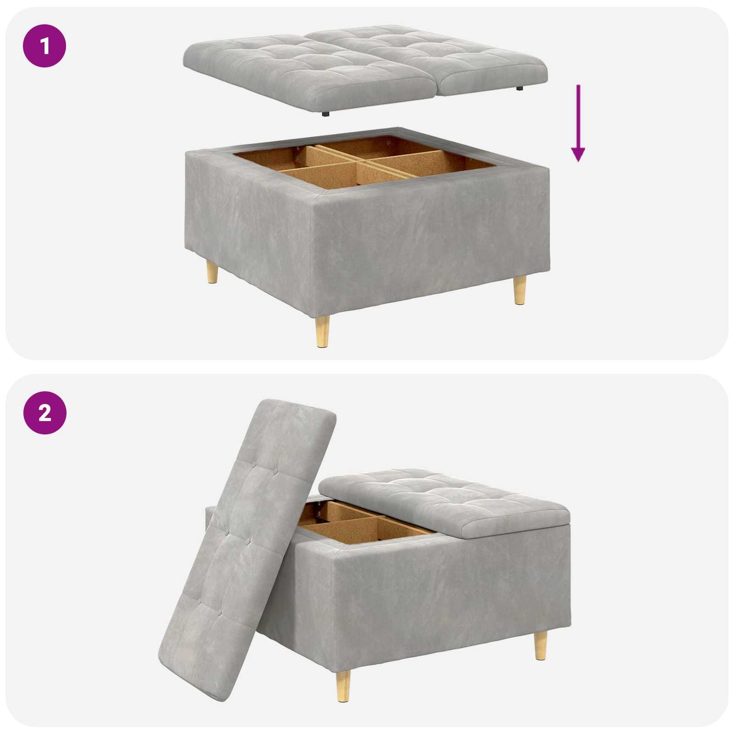 Ottoman med Opbevaring Lysegrå 80 x 80 x 45 cm Fløjl