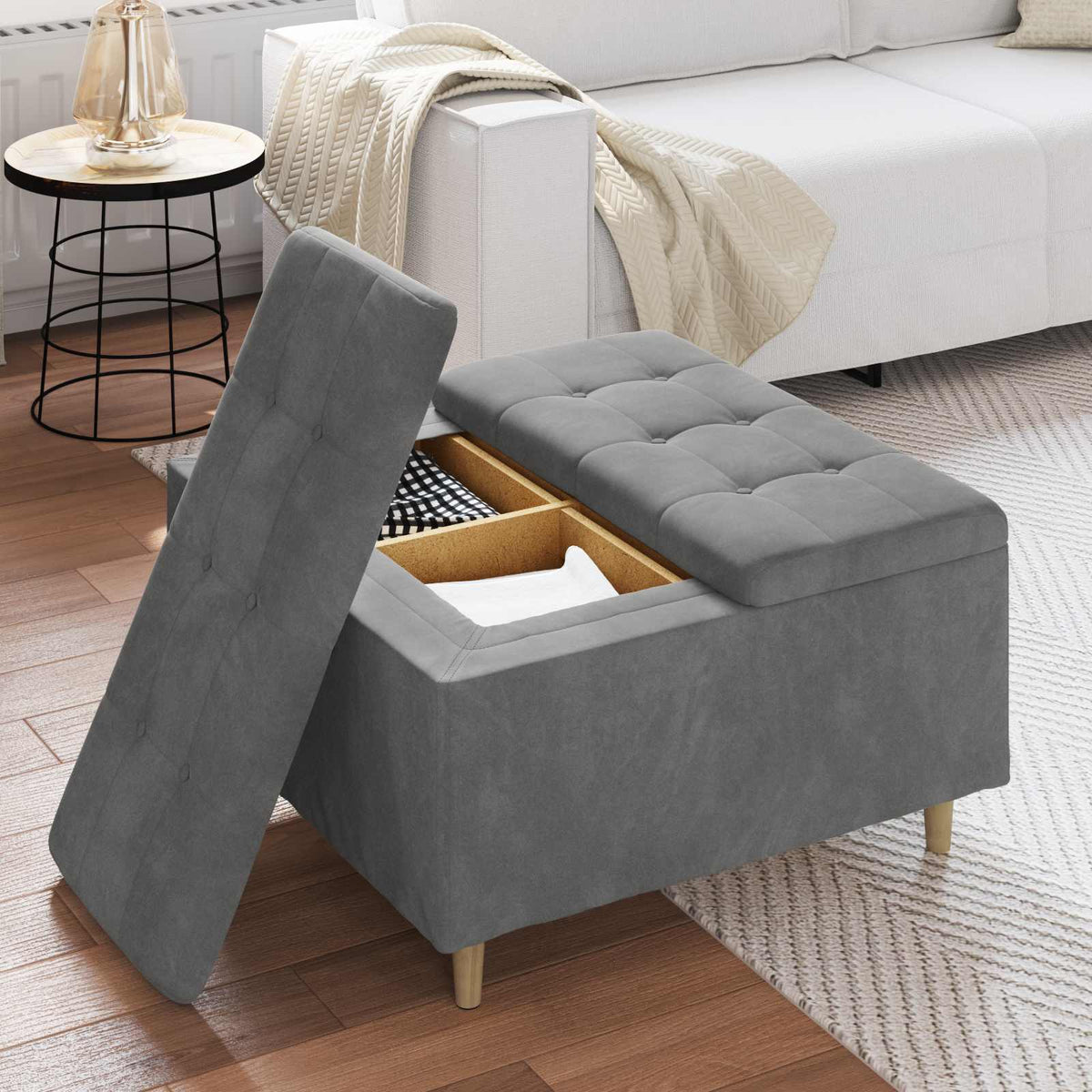 Ottoman med Opbevaring Mørkegrå 80 x 80 x 45 cm Fløjl
