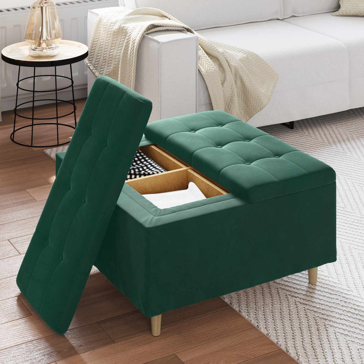 Ottoman med Opbevaring Mørkegrøn 80 x 80 x 45 cm Fløjl