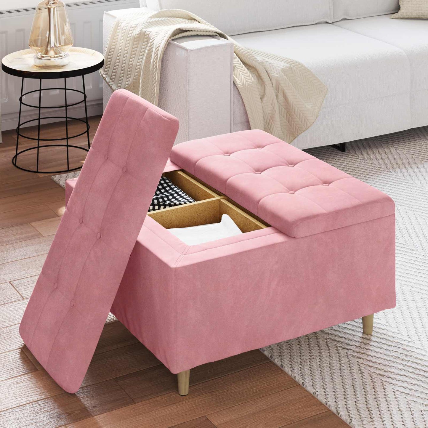Ottoman med Opbevaring Lyserød 80 x 80 x 45 cm Fløjl