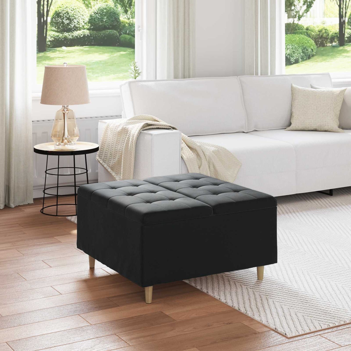 Ottoman med Opbevaring Sort 80 x 80 x 45 cm Fløjl