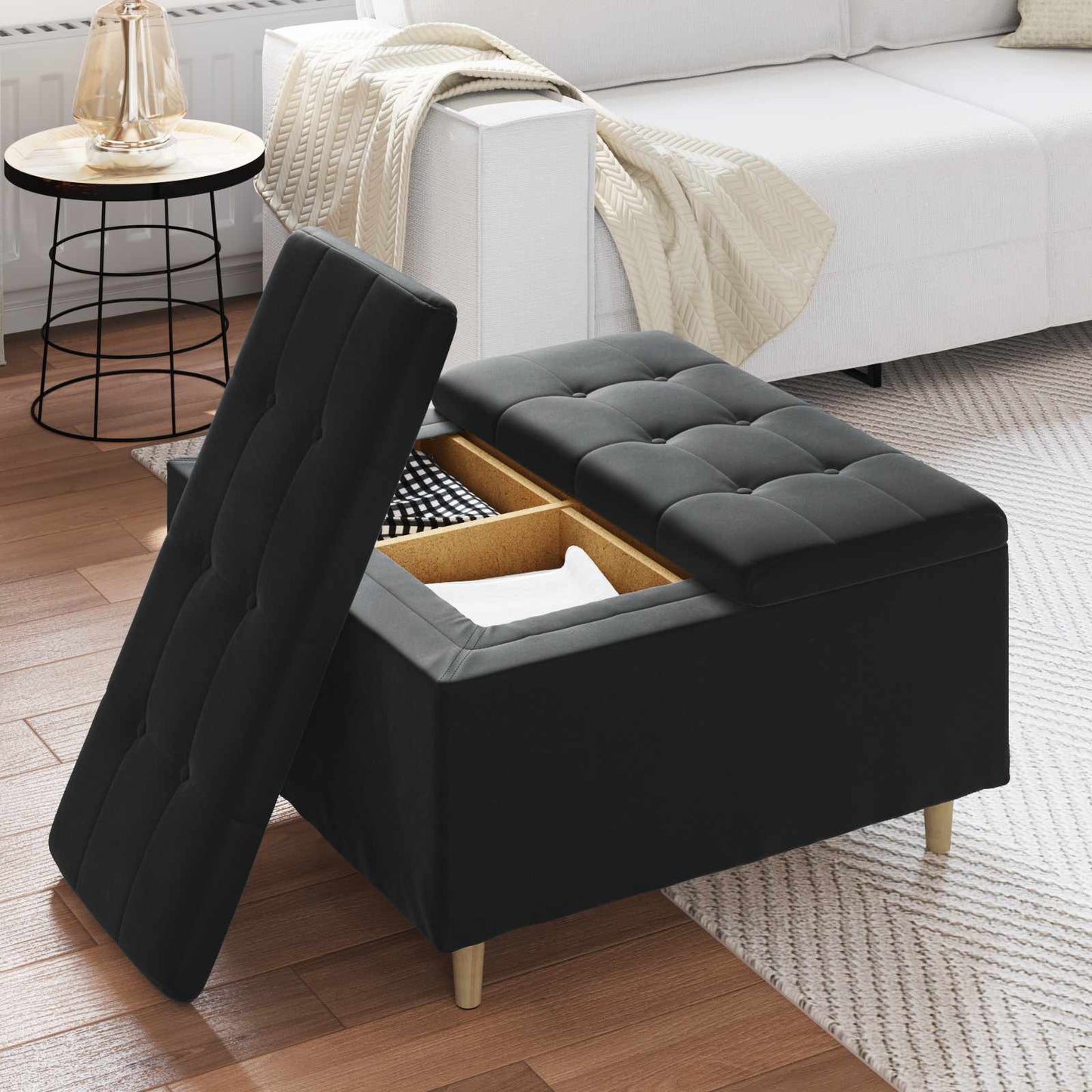 Ottoman med Opbevaring Sort 80 x 80 x 45 cm Fløjl