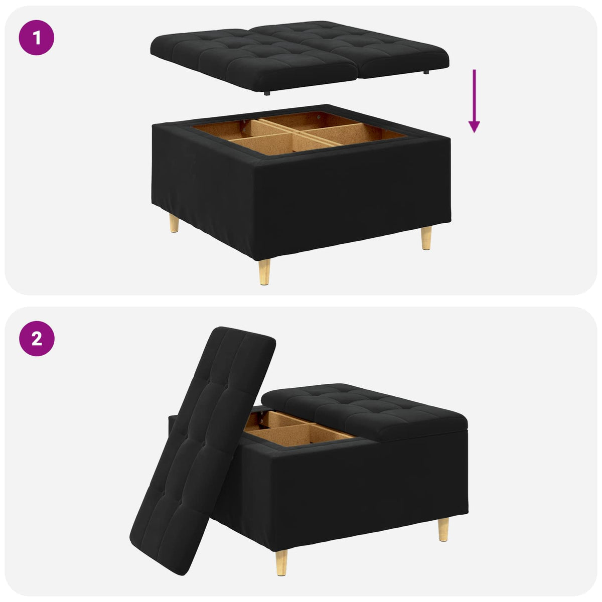Ottoman med Opbevaring Sort 80 x 80 x 45 cm Fløjl