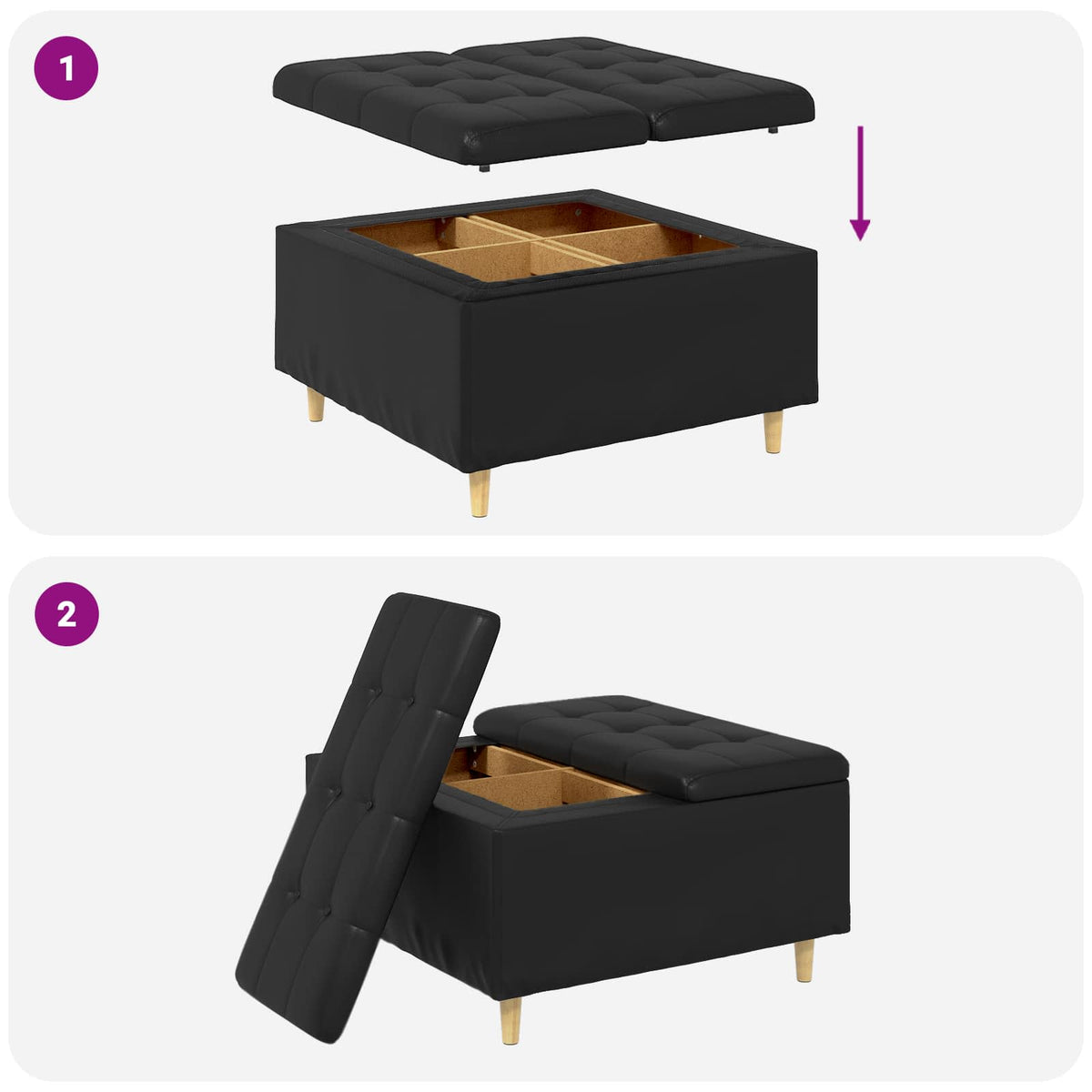 Ottoman med Opbevaring Sort 80 x 80 x 45 cm Kunstlæder