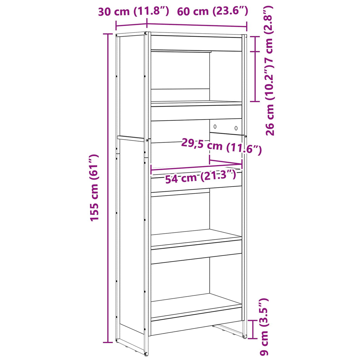 Bogskab 60 x 30 x 155 cm Konstrueret træ Gammelt træ