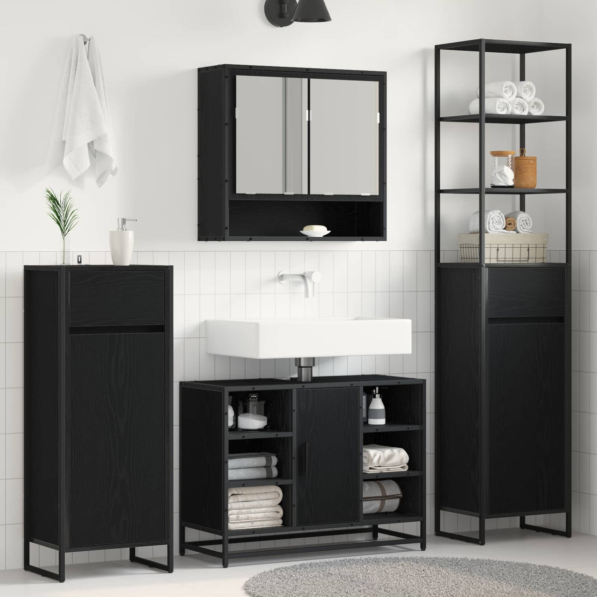 Badeværelsesskab Sort eg 40 x 30 x 180 cm Konstrueret træ