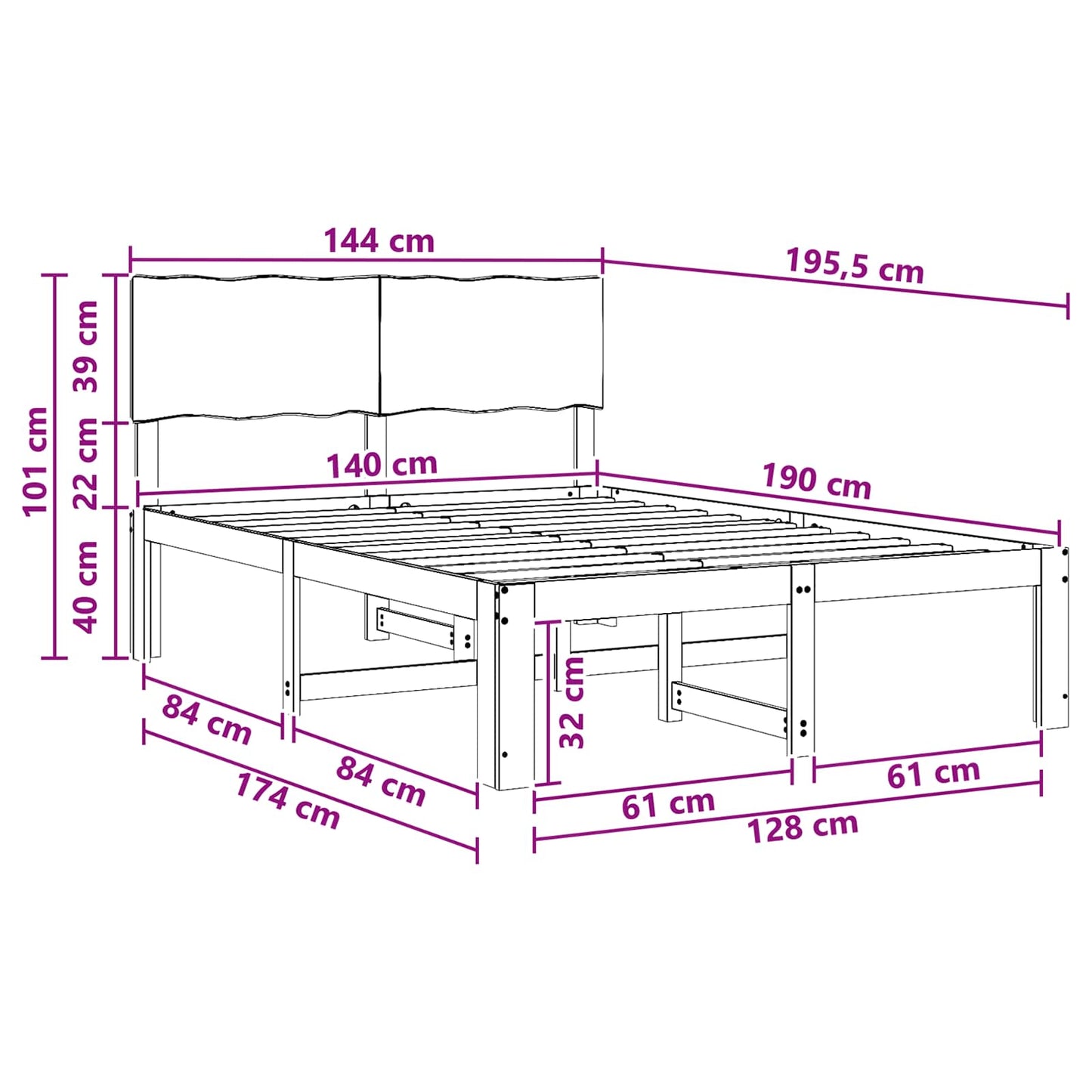 Dobbelt Sengestel med Hovedgærde ROSTOCK Hvid 140 x 190 cm