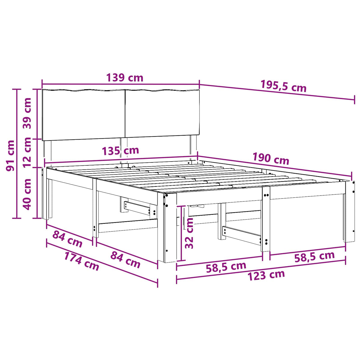 Dobbelt Sengestel med Hovedgærde ROSTOCK Hvid 135 x 190 cm