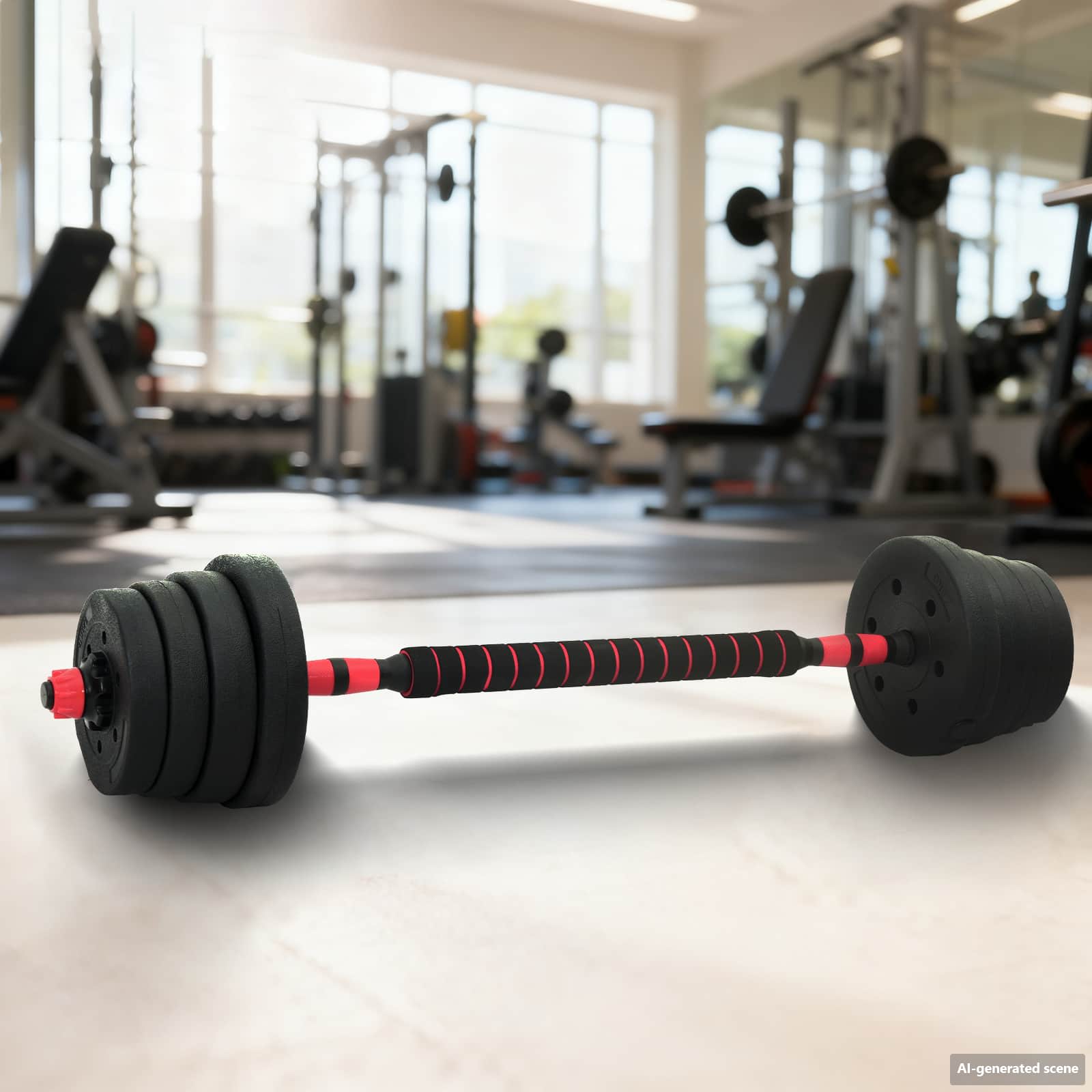 2-i-1 justerbart håndvægt- og barbell-sæt 30 kg - sort/rød, cement og jernsand