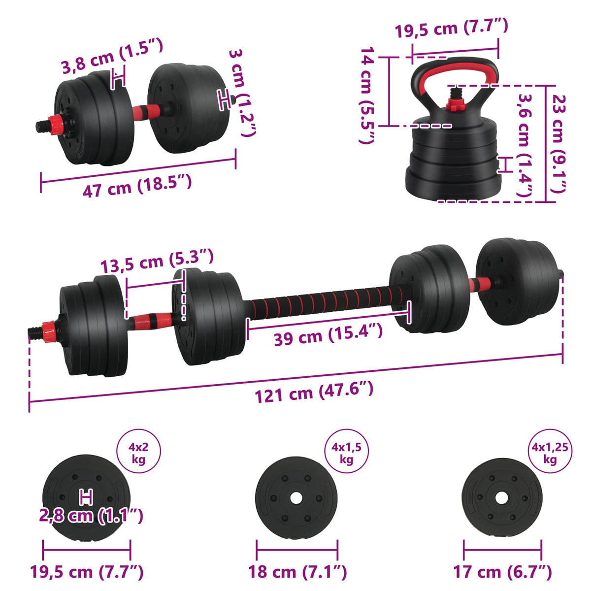 4-i-1 Håndvægte Barbell Kettlebell Sæt 20 kg Sort og rød