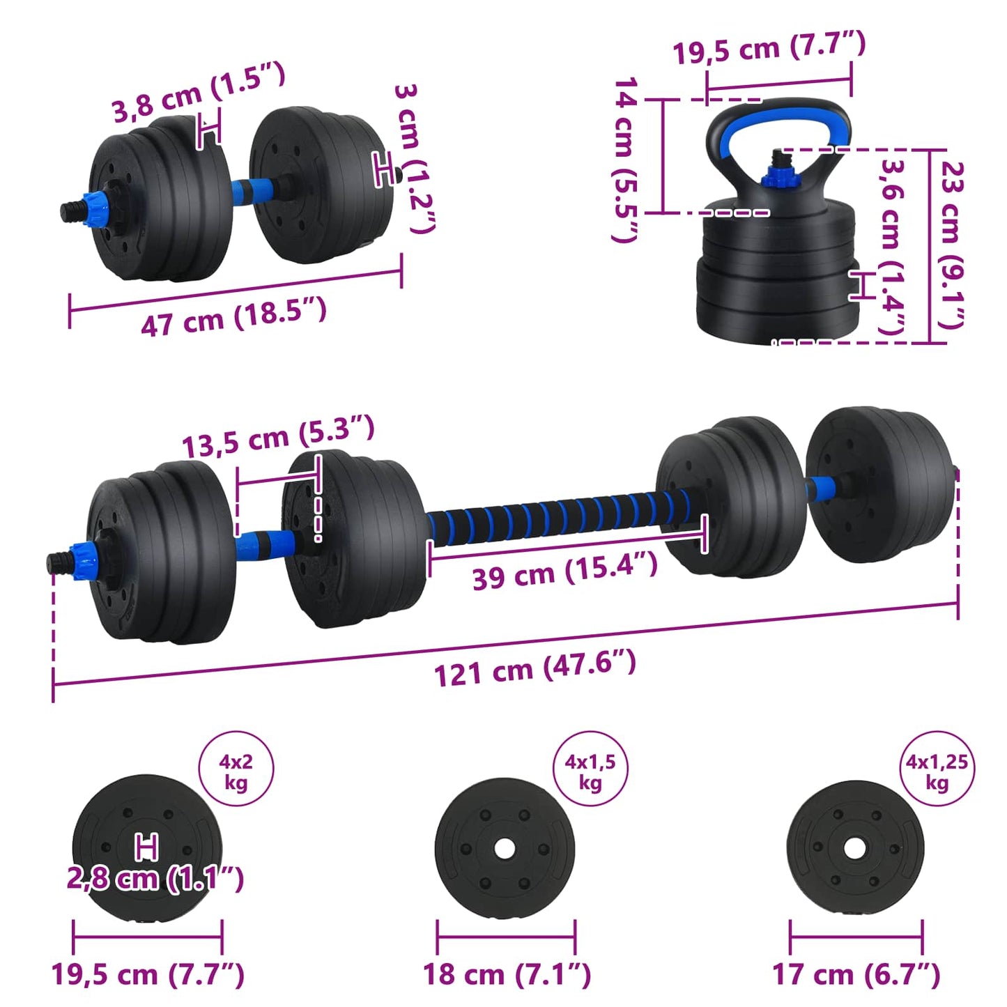 4-i-1 Håndvægte Barbell Kettlebell Sæt 20 kg Sort og Blå