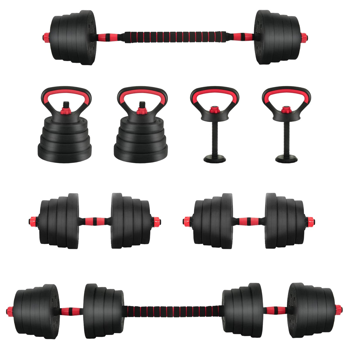 4-i-1 Håndvægte Barbell Kettlebell Sæt 30 kg Sort og rød