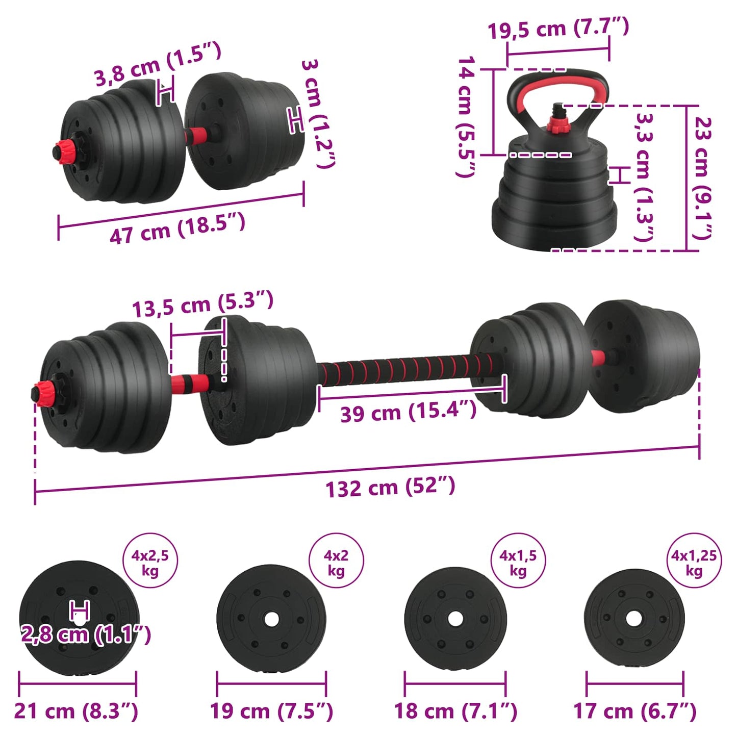 4-i-1 Håndvægte Barbell Kettlebell Sæt 30 kg Sort og rød