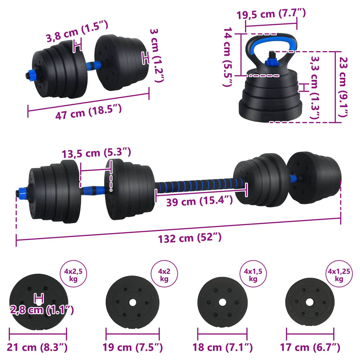 4-i-1 Håndvægte Barbell Kettlebell Sæt 30 kg Sort og Blå