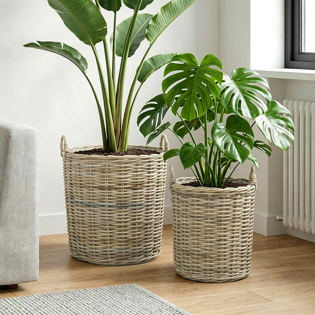 Plantekurv med opbevaring GENDT 2 stk. Naturlig grå Kubu rattan