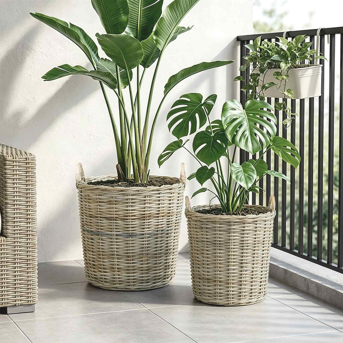 Plantekurv med opbevaring GENDT 2 stk. Naturlig grå Kubu rattan