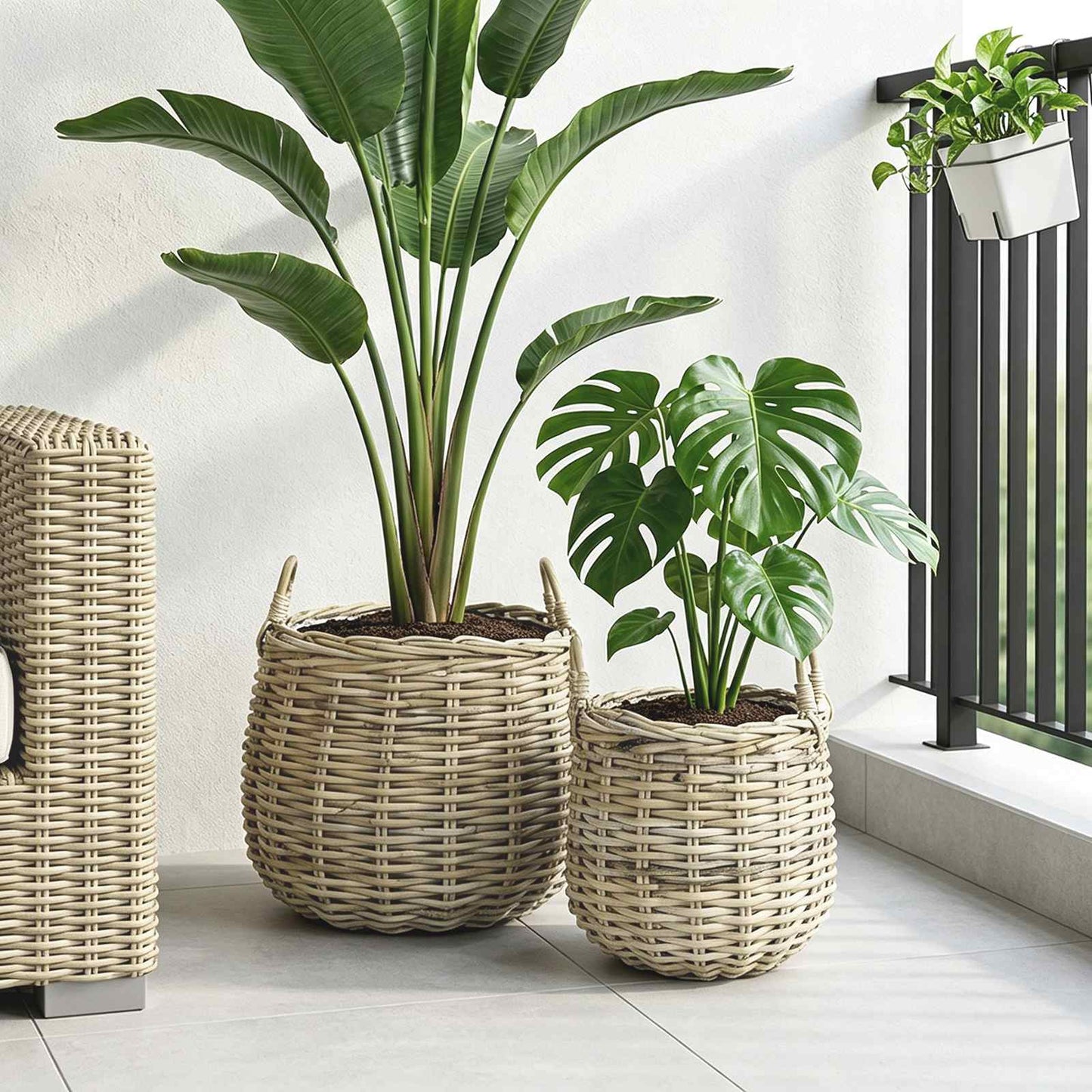 Plantekurv med opbevaring GENDT 2 stk. Naturlig grå Kubu rattan