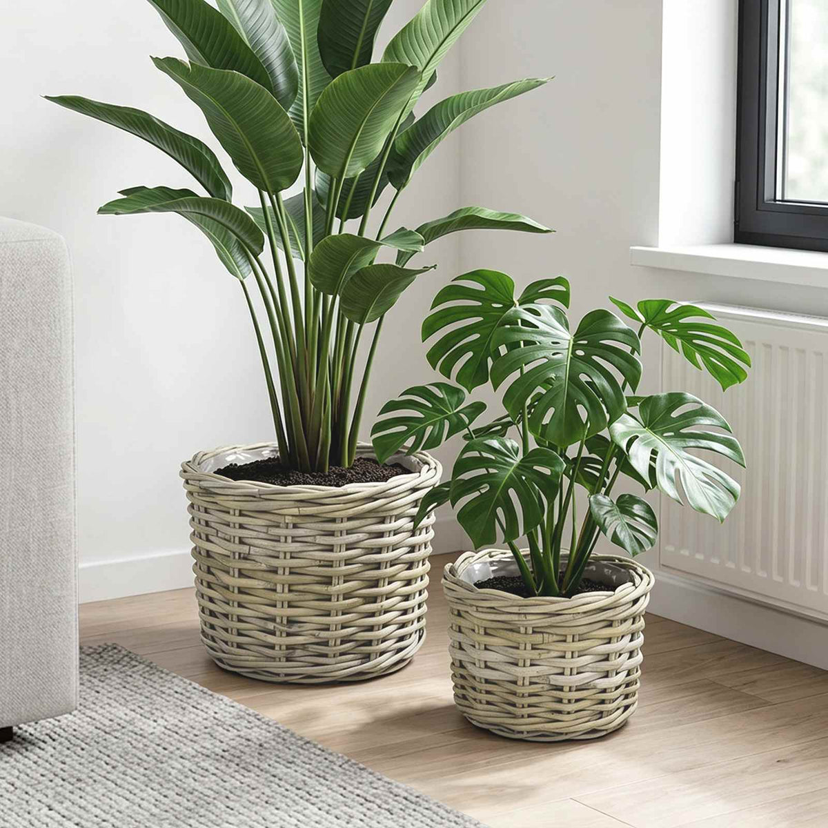 Plantekurv med opbevaring GENDT 2 stk. Naturlig grå Kubu rattan
