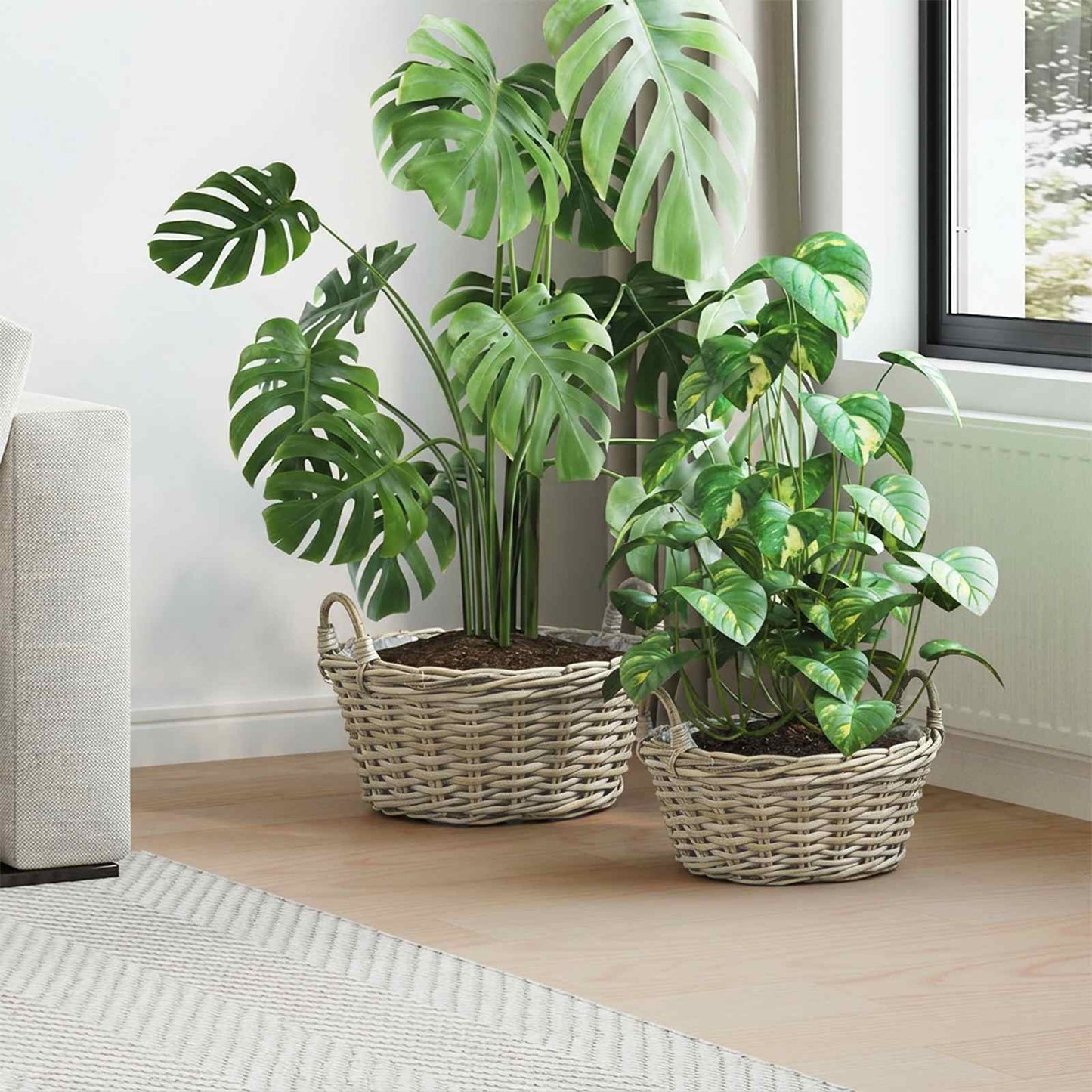 Plantekurv med opbevaring GENDT 2 stk. Naturlig grå Kubu rattan