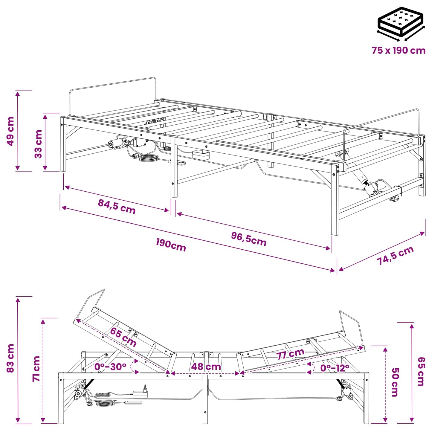 Elektrisk Justerbar Sengetramme Sort 75 x 190 cm Stål