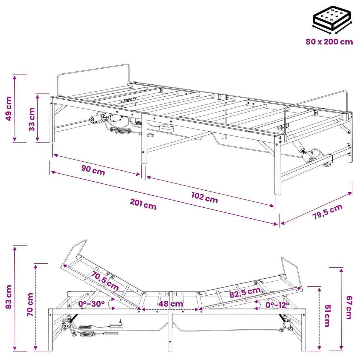 Elektrisk Justerbar Sengetramme Sort 80 x 200 cm Stål