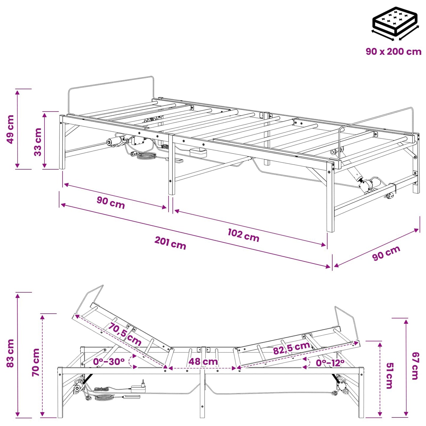 Elektrisk Justerbar Sengetramme Sort 90 x 200 cm Stål