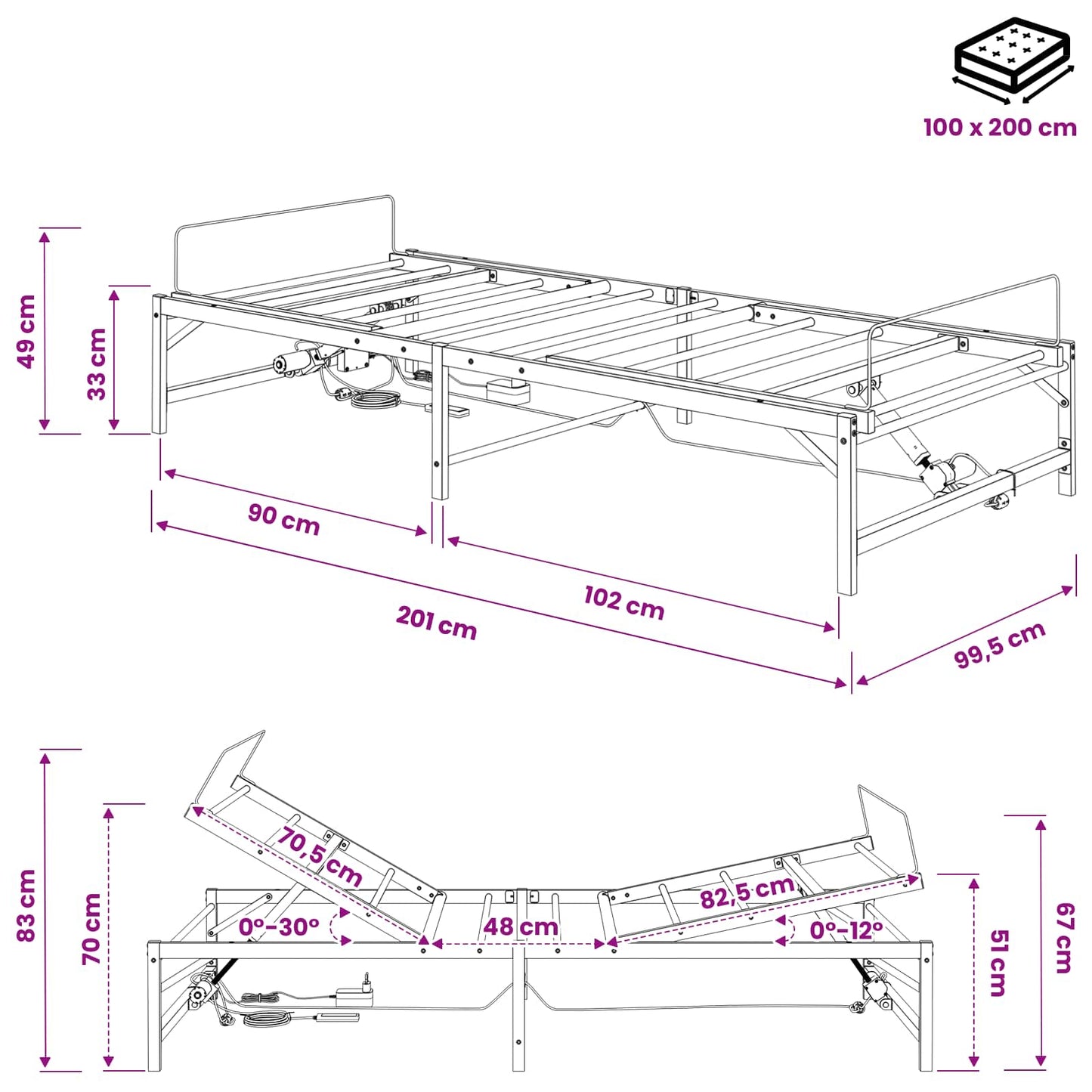 Elektrisk Justerbar Sengetramme Sort 100 x 200 cm Stål