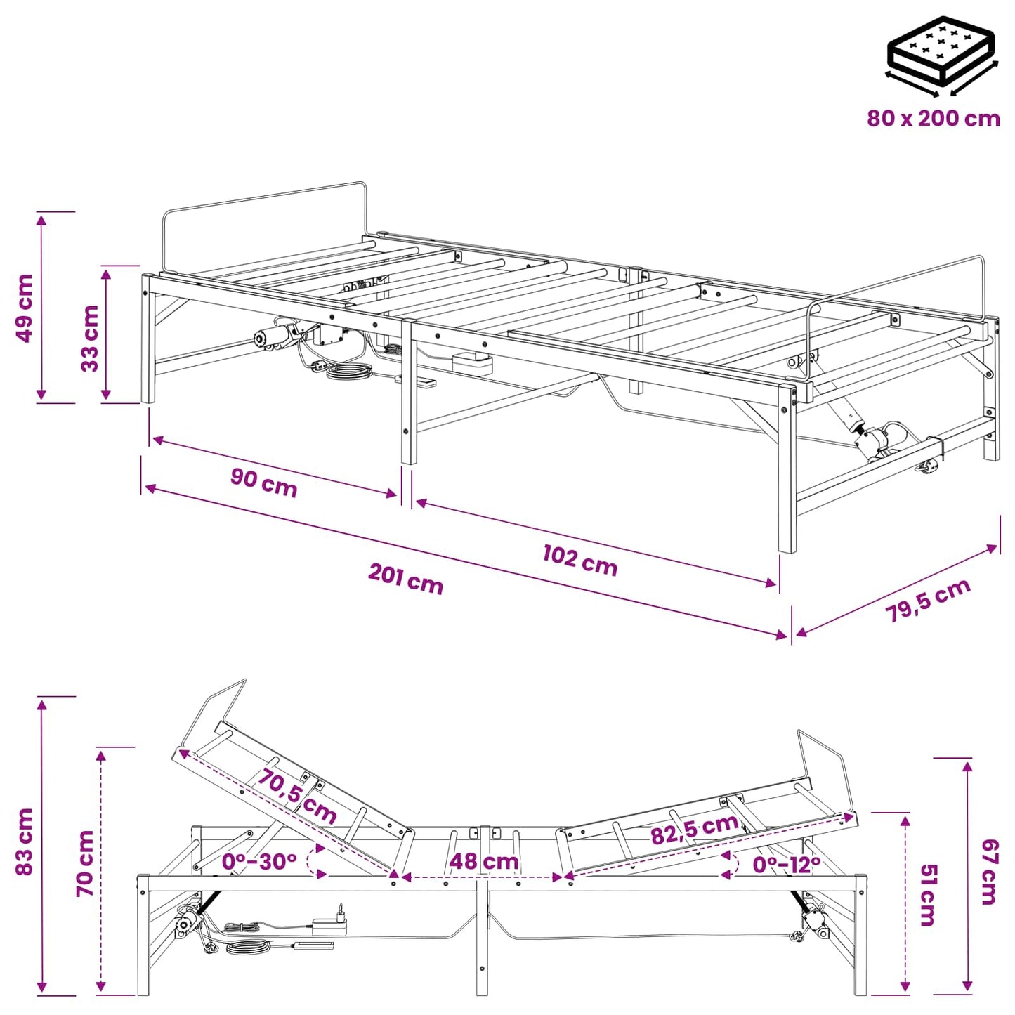 Elektrisk Justerbar Sengetramme Hvid 80 x 200 cm Stål