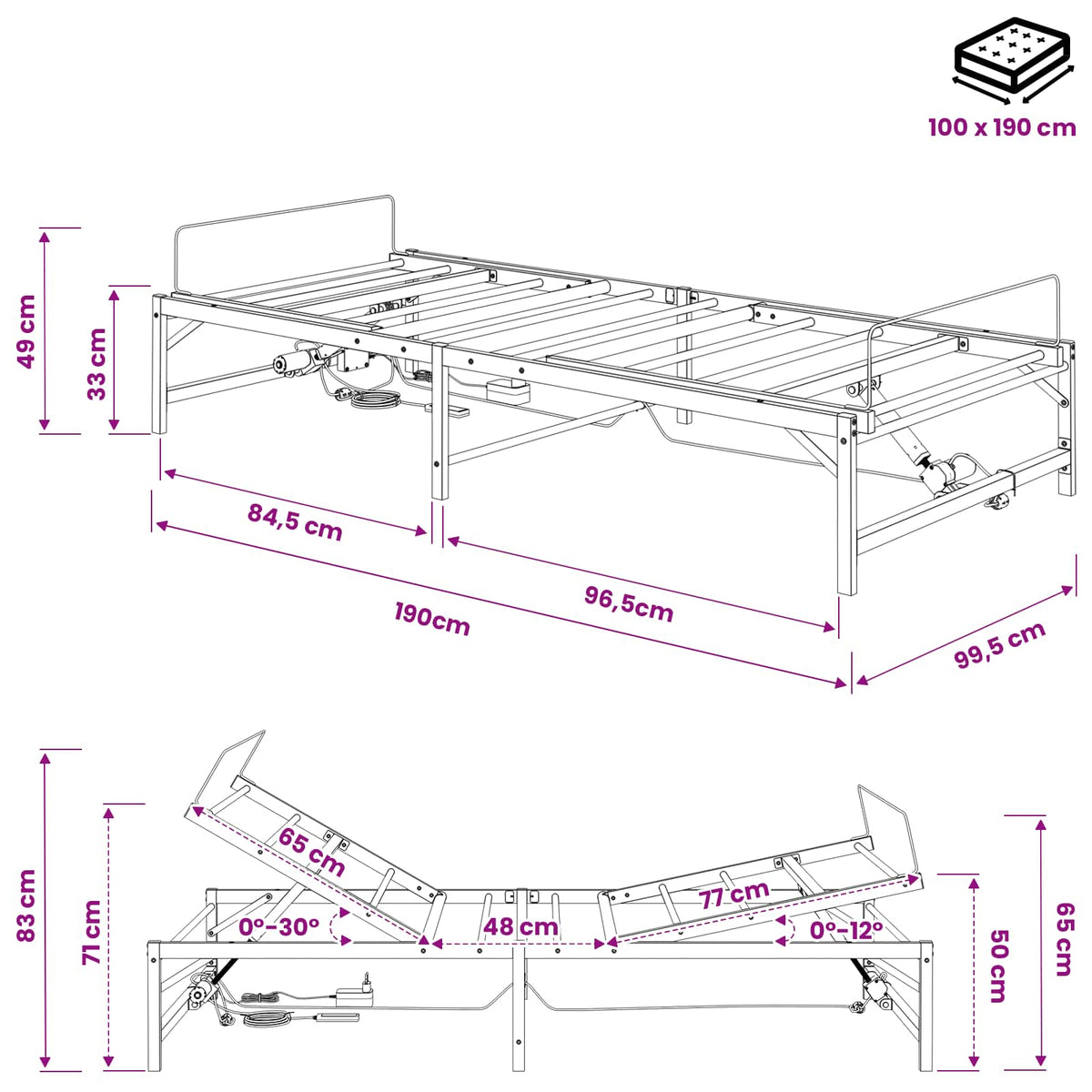 Elektrisk Justerbar Sengetramme Hvid 100 x 190 cm Stål