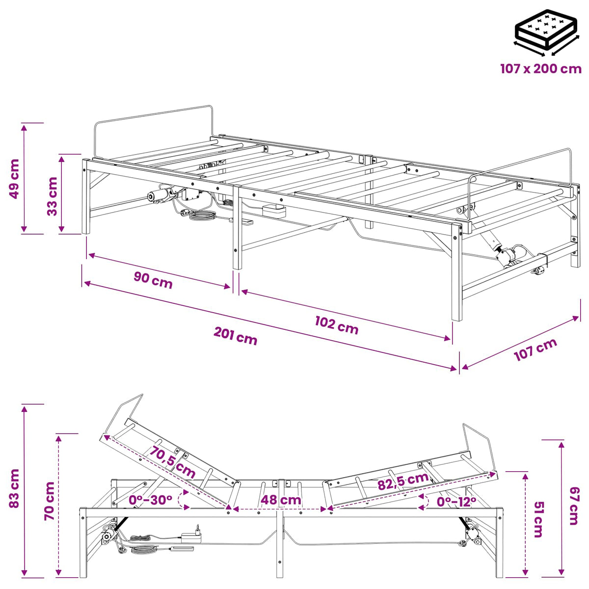 Elektrisk Justerbar Sengetramme Hvid 107 x 200 cm Stål