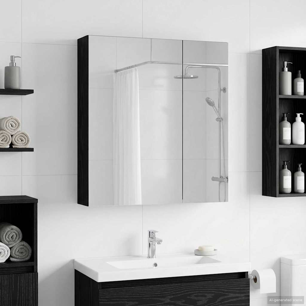 Badeværelsesspejlskab Sort eg 60 x 14,5 x 70 cm Konstrueret træ