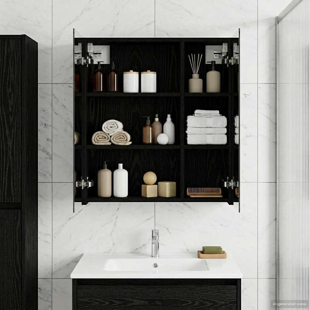 Badeværelsesspejlskab Sort eg 60 x 14,5 x 70 cm Konstrueret træ