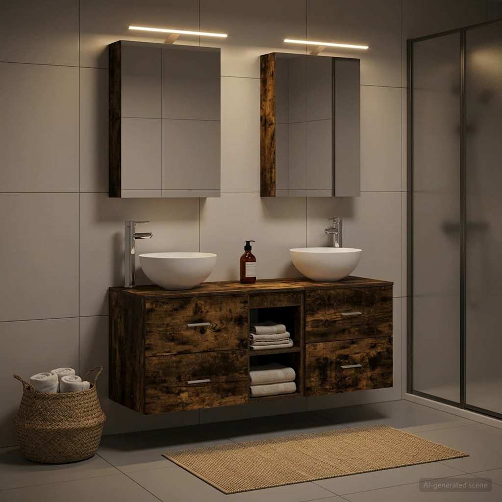 Badeværelsesmøbel sæt 5 stk. Røget eg Konstrueret træ og glas