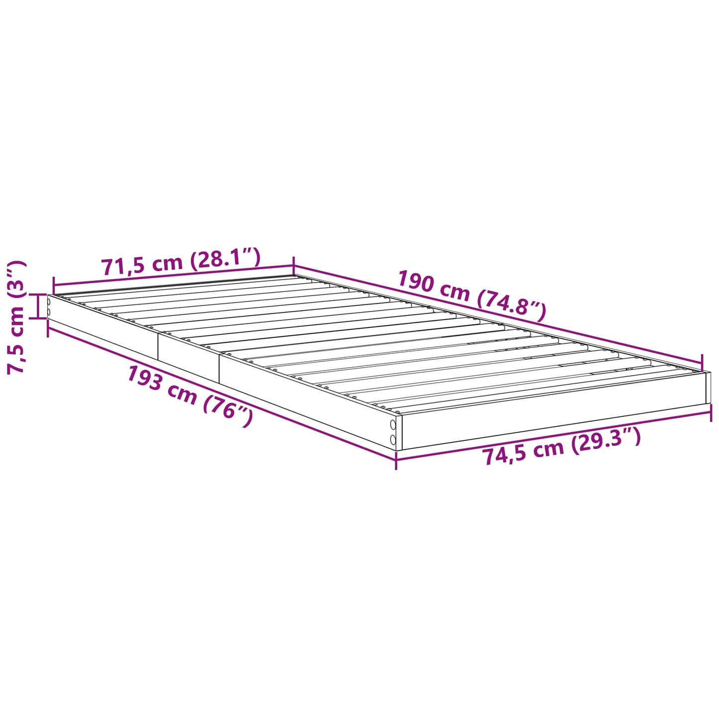 Gulv seng ramme Sonoma 75 x 190 cm Konstrueret træ
