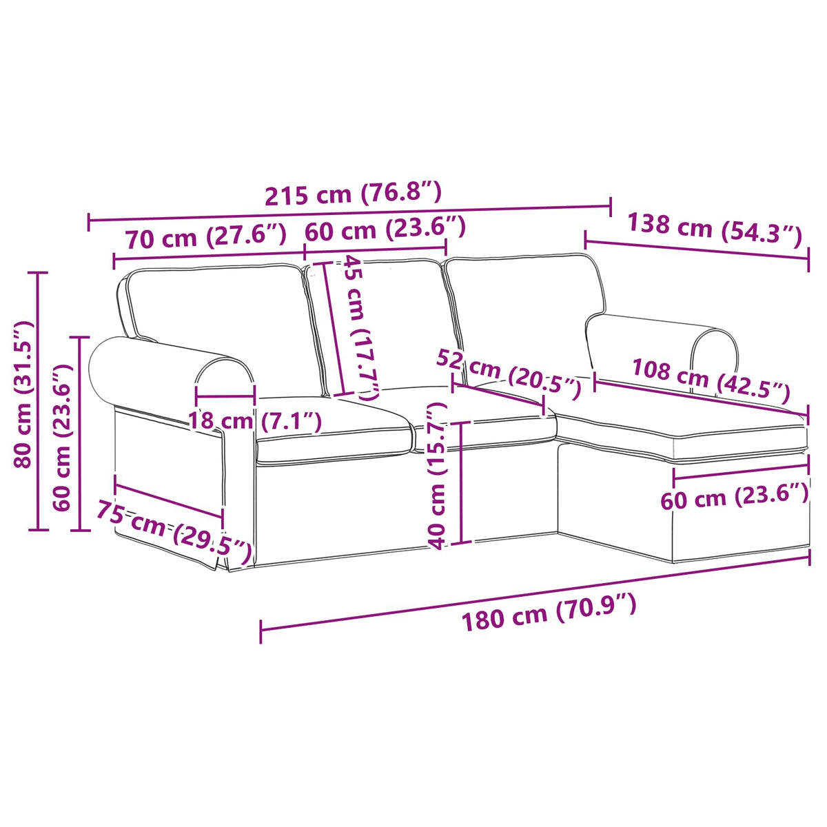 Sofa Sort 215 x 138 x 80 cm Stof