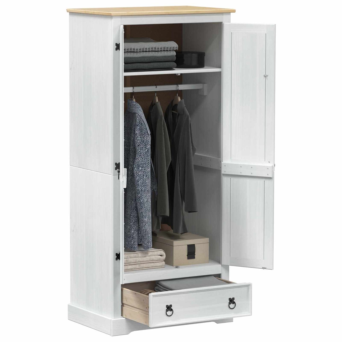 Garderober med skuffe Hvid 76 x 50 x 170 cm Massiv fyrretræ