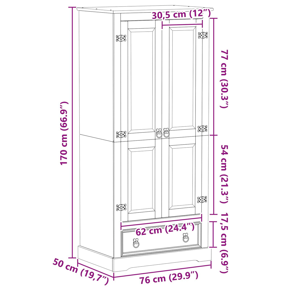 Garderober med skuffe Hvid 76 x 50 x 170 cm Massiv fyrretræ