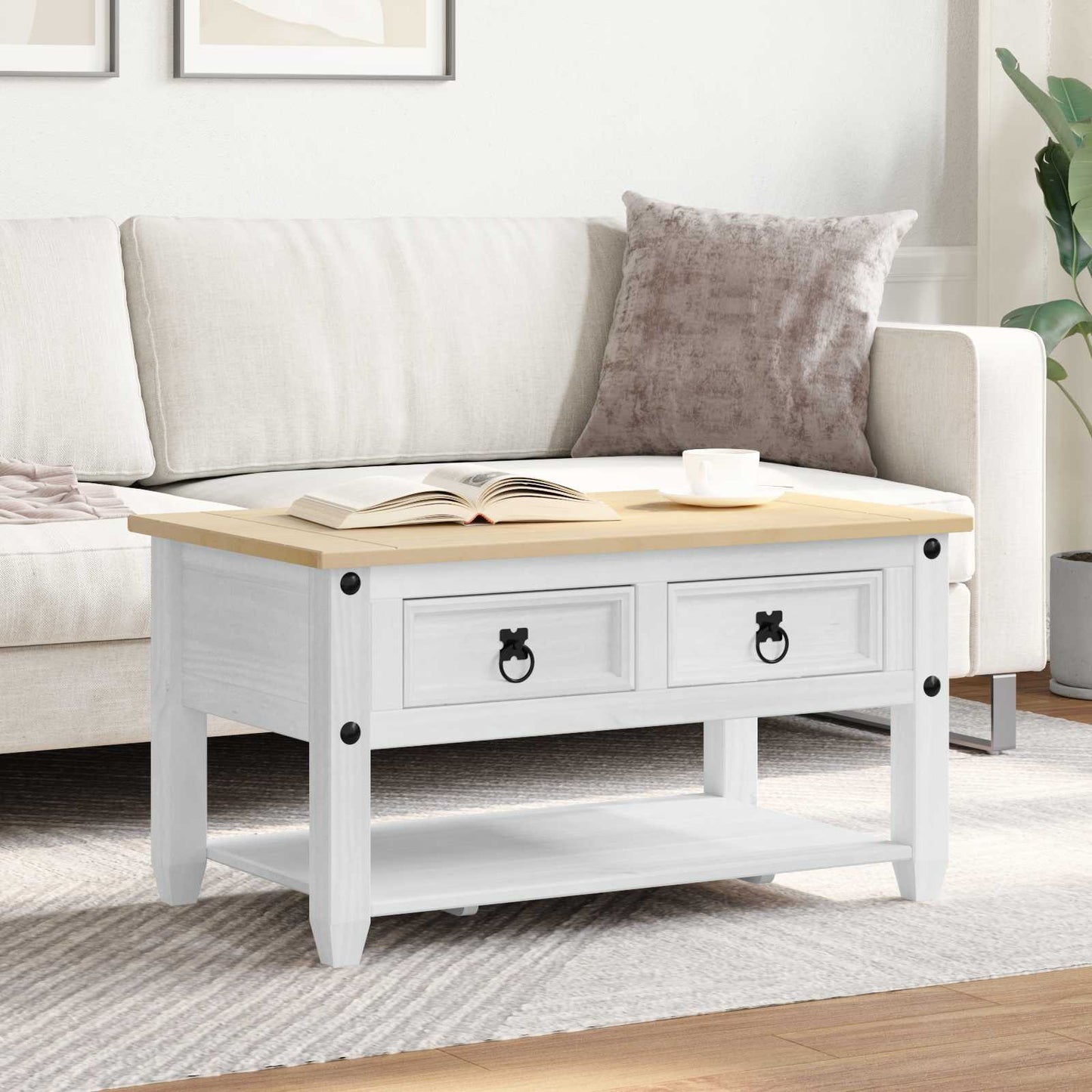 Sofabord med skuffe Hvid 85 x 50 x 45 cm Massiv fyrretræ