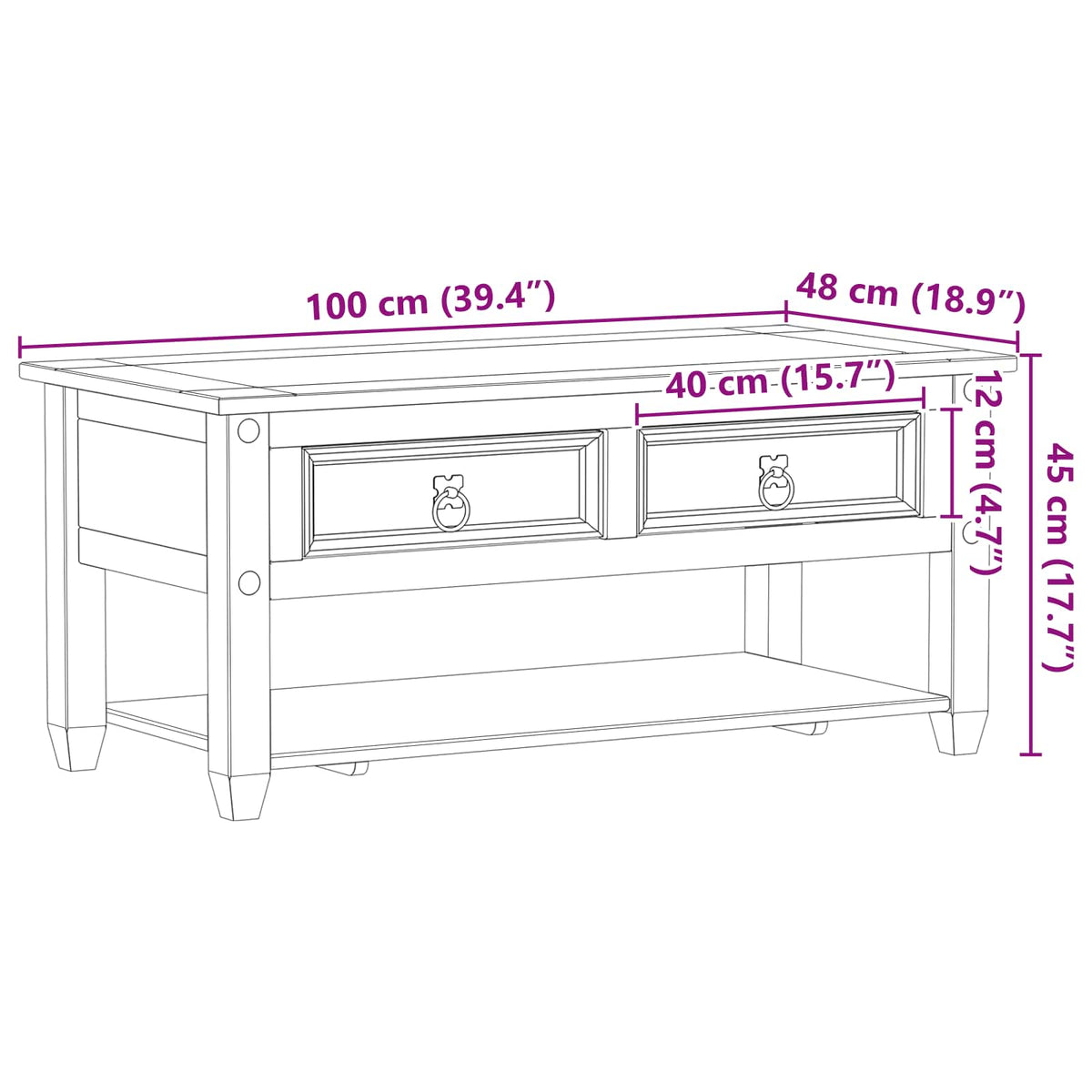 Sofabord Hvid 100 x 48 x 45 cm Massivt fyrretræ