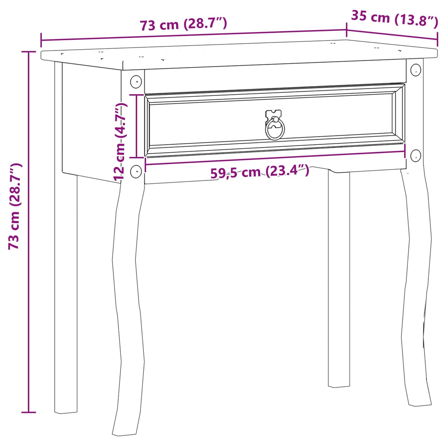Konsolbord Hvid 73 x 35 x 73 cm Massiv fyrretræ